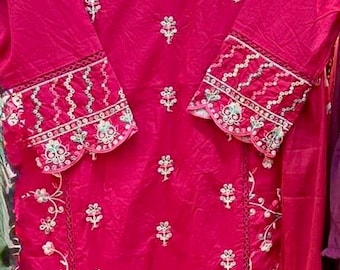 Ensemble kurta brodé en coton rose magenta, vêtements ethniques indiens 3 pièces