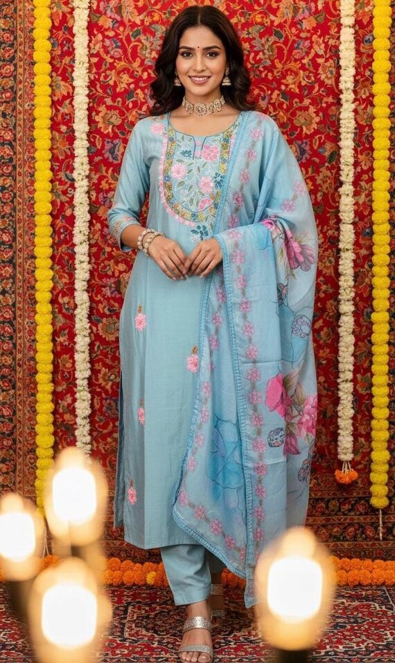 Hand-Embroidered Chanderi Silk Kurta Set, Sky Blue festive Wear