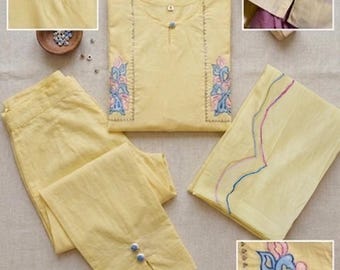 Ensemble kurta en coton jaune pastel avec manches délicates découpées - ensemble pantalon et dupatta