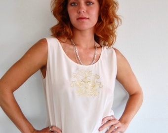 Vintage 90s Silk Beige and Gold Embroidered Tank Blouse - Cream Blouse - Size Large