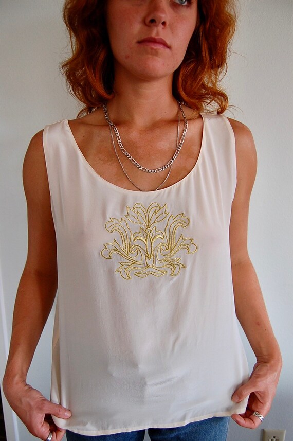 Vintage 90s Silk Beige and Gold Embroidered Tank … - image 2