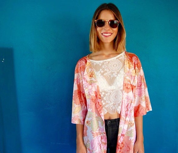 Vintage 70s Kimono Robe - Light Weight - Pastel Tr