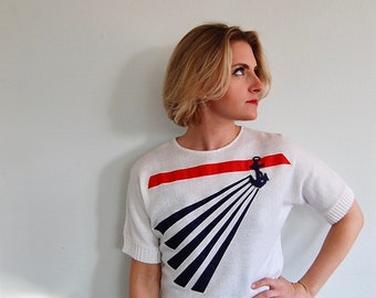 Vintage 80s White Nautical Embroidered Sweater - Anchor Print - Red White and Blue Short Sleeve Sweater - Size Small