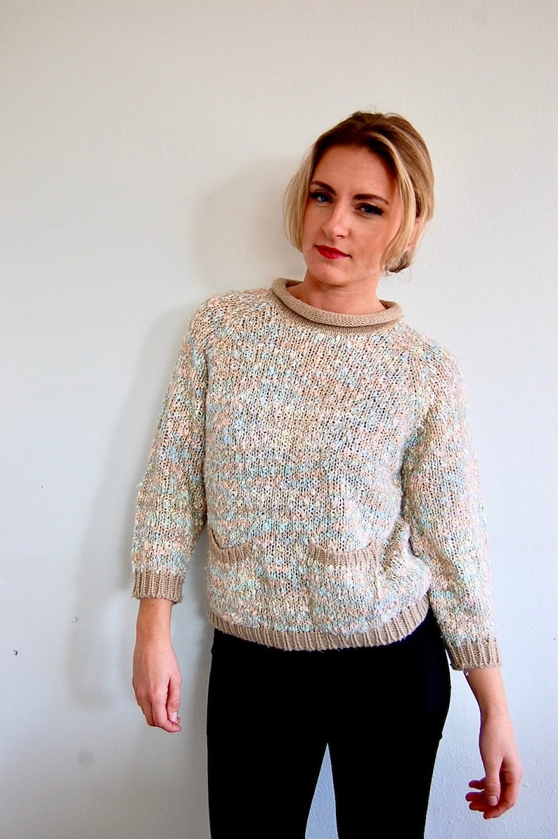 Size Small Baby Pink Baby Blue Sweater with Pockets Sweater Vintage 80s Pastel Sweater