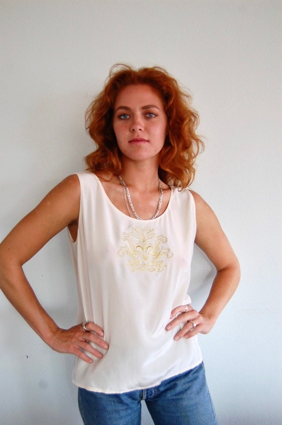 Vintage 90s Silk Beige and Gold Embroidered Tank … - image 1