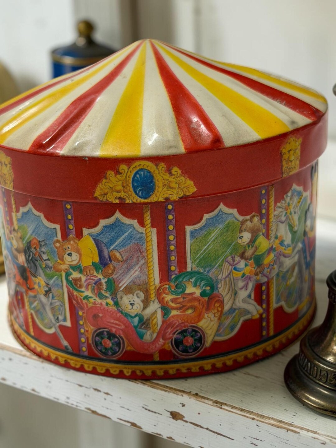 Vintage Carousel Circus Tin Cookie Container | Retro Carnival Bear ...