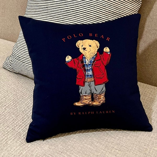 Vintage Bear Print Throw Pillow Cover in Navy  - 18x18 - Backed in Navy Diamond Jacquard Wool - Ralph Lauren Home Designer Upholstery Fabric