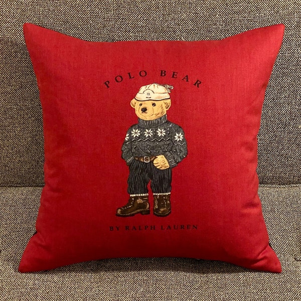 Reclaimed Vintage Bear Print Cotton Panel Throw Pillow Cover in Red - 18x18 - Ralph Lauren Fabric Front; Designer Black Wool Fabric Back