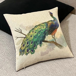 Luxe sierkussenhoes met digitale vogelprint - kussen pauw - 16,5 x 16,5 - linnen voorkant bedrukt; Ralph Lauren Home bekleding stof achterkant