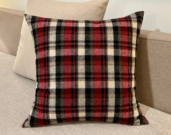 Vintage Wool Fabric Plaid Throw Pillow Cover - 26x26 - Woven Large Scale Plaid in Red, Black, & White - Euro Sham