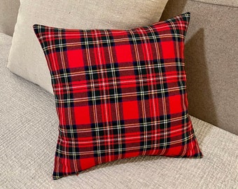 Custom Pillowcase - Classic Holiday Plaid Throw Pillow Cover - Vintage English Red Tartan All Wool Fabric