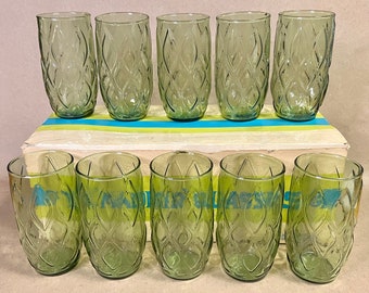 Juice Mid-Century Anchor Hocking Forest Green Tumbler Set with Vintage Vehicles Barware Water Glasses Highball Set of 4