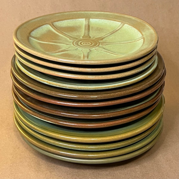 Vintage Frankoma Pottery - Wagon Wheel Pattern - Frankoma Dinner Plates - Frankoma Prairie Green Colorway - Various Sizes, Marks, and Makes