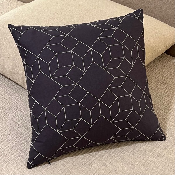 Custom Pillowcase - Reclaimed Geometric Embroidered Throw Pillow Cover - Nate Berkus Designer Cotton Bedding Fabric in Charcoal Gray & White