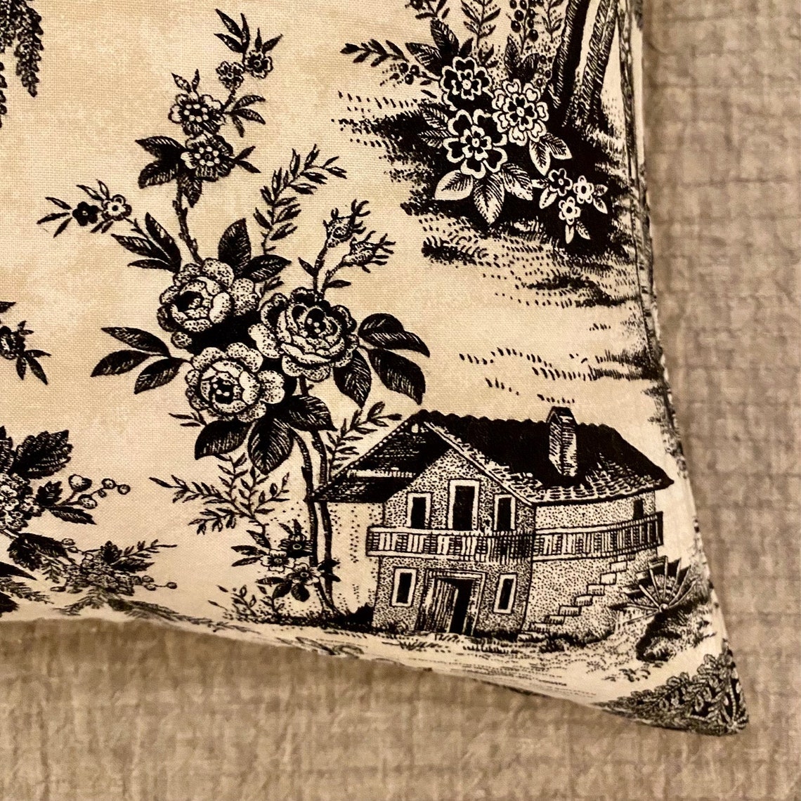 Vintage Toile Print Throw Pillow Cover 16x16 Black Beige Etsy