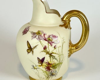 Antique Royal Worcester English Porcelain Pitcher Jug - Fine Bone China, Blush Ivory Porcelain, Painted Ghinko Flowers, Gilt Details, 1894