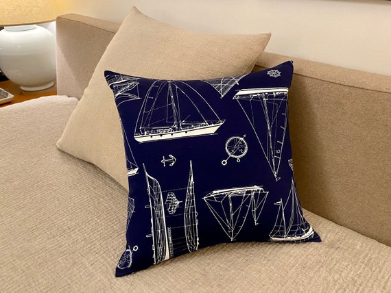 Custom Pillowcase Vintage Nautical Sailboat Print Throw Pillow Cover White on 100 Navy Blue Vintage Cotton Etsy Hong Kong