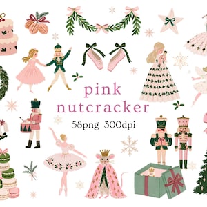 May include: A digital collection of pink and green Christmas-themed illustrations featuring nutcrackers, ballerinas, a mouse king, a decorated tree, a cake, macarons, wreaths, and ballet slippers, with the text pink nutcracker 58png 300dpi.