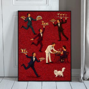 Tiny People Restaurant Servers Print, Funny Vintage Food & Drink Poster, Retro Bar Cafe Wall Art