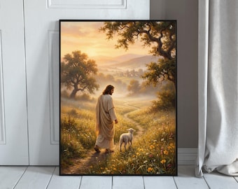 Jesus Leaves the 99 Art Print, Good Shepherd Lost Sheep Parable, Christian Wall Art Digital Download