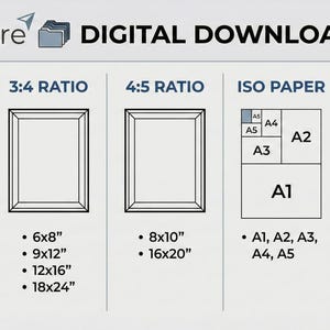 May include: Image showing digital download sizes for prints. Includes 2:3, 3:4, and 4:5 ratios, ISO paper sizes, and a stand-alone 11x14 inch option. Sizes are listed in inches, such as 4x6, 8x12, 12x18, 16x24, and 24x36.