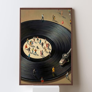 May include: A framed art print depicts a black vinyl record with miniature figures dancing and walking on its surface. The artwork features a brown frame and a white background, creating a surreal and whimsical scene.