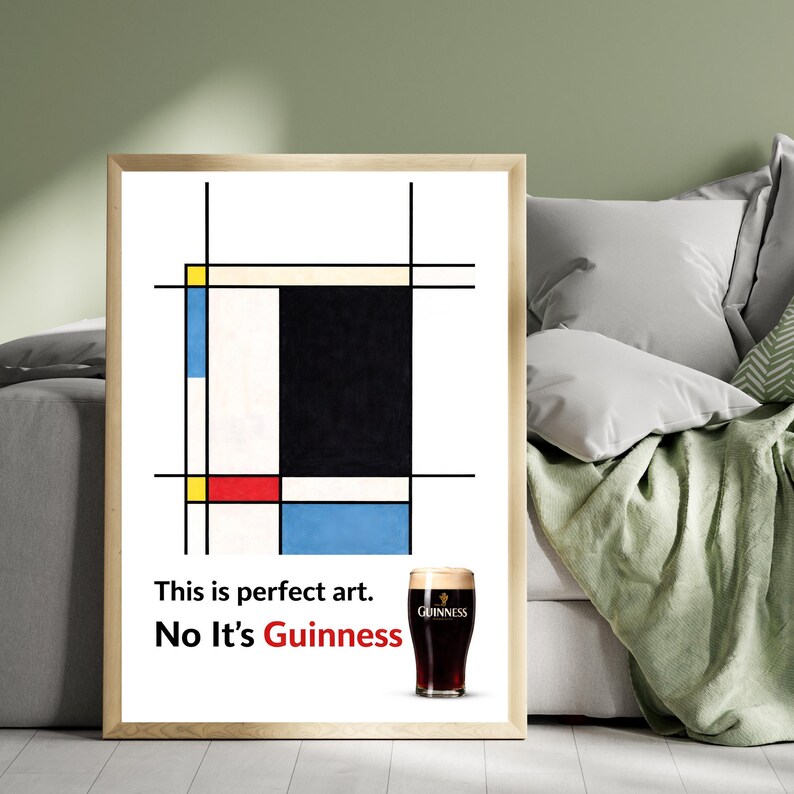 May include: Framed art print featuring a Mondrian-style abstract design with black, white, yellow, red, and blue blocks and lines. The print includes the text "This is perfect art. No It's Guinness" and a pint of Guinness.