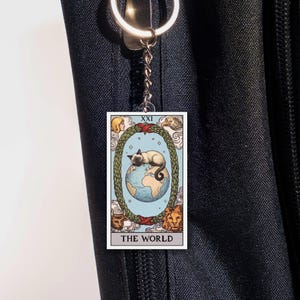Può includere: Un portachiavi rettangolare con un design di carta dei tarocchi. La carta raffigura un gatto su un globo, circondato da una ghirlanda e le parole "THE WORLD". Il portachiavi è attaccato a un anello color argento.