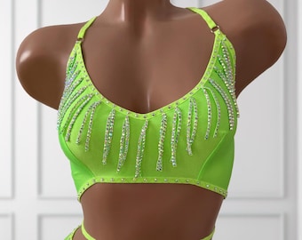 Rhinestone Fringe Bikini Top, Sparkly Dancewear, Strappy Bra and Bottoms, Burlesque Costume, Exotic Dancewear, Pole Dance Outfit