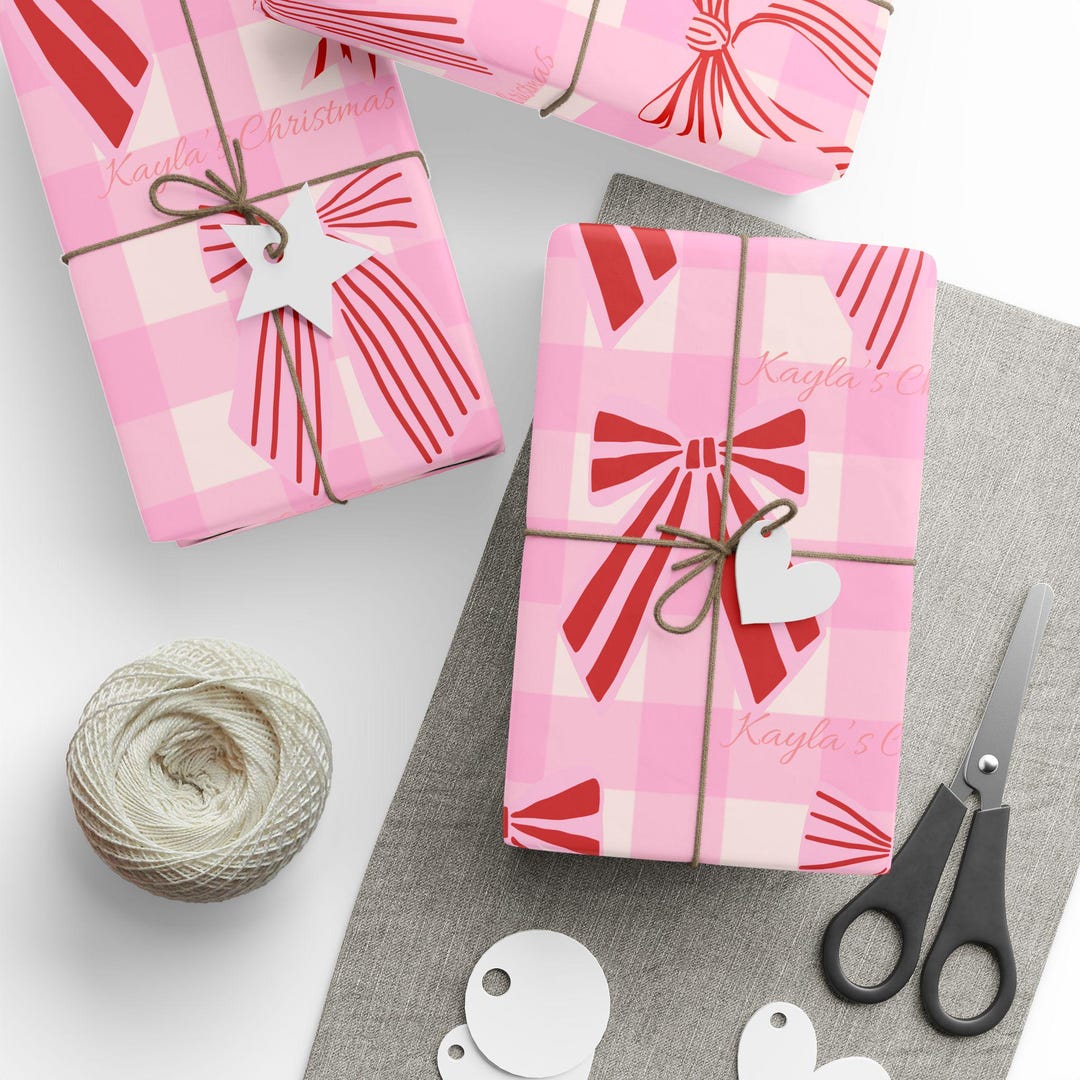 Pink Bow Christmas Wrapping Paper - Custom Name Gift Wrap ...