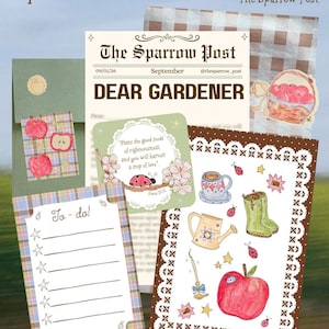 May include: A stationery set featuring a newsletter titled The Sparrow Post, a plaid to-do list, and a decorative sheet with illustrations of a red apple, green boots, a watering can, a mug, and ladybugs, all accented with floral and star motifs.