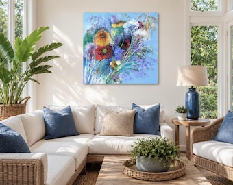 Dipinto acrilico del Giardino di Tivoli: Fiori selvatici luminosi, blu, viola, cremisi e oro (91x91 cm)