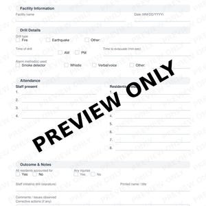 Fire and Disaster Drill Form (Fillable PDF) | Emergency Drill Documentation Template | Evacuation Drill Record | Assisted Living| Group Home