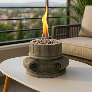 Peut inclure: Un foyer en béton gris avec une flamme. Le foyer est posé sur une table blanche avec des pieds en bois. Le foyer a une base décorative et est rempli de petits cailloux. L'arrière-plan comprend un balcon, une balustrade et de la verdure.