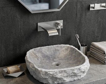 Silver Travertine Sink, Handmade Natural Stone Bathroom Sink, Oval Travertine Vessel Sink, Luxury Bathroom Vanity Basin