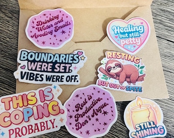 Paquete de pegatinas de autocuidado cuestionable, pegatinas divertidas de salud mental, paquete de autocuidado estético