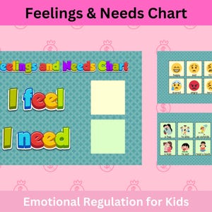 May include: A colorful "Feelings & Needs Chart" for emotional regulation in kids. The chart includes sections for "I feel" and "I need", with visual aids depicting various emotions and needs. The text "Emotional Regulation for Kids" is at the bottom.