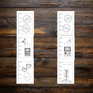 May include: Six white illustrations on a wooden surface. The illustrations include a pair of Pokeball designs, a handheld video game with musical notes, a pair of hearts and an egg, and a plant with the text "The growth doesn't belong to".
