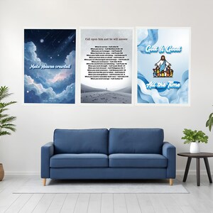 May include: Three framed art prints with inspirational quotes and imagery. The left print features a night sky scene with the text "Make Heaven crowded." The center print has a desert landscape and text. The right print shows Jesus with children and the text "God is Good All the Time."