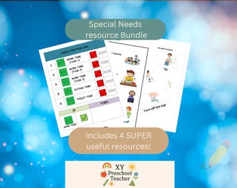 Può includere: Un pacchetto di quattro risorse educative per bisogni speciali, tra cui un grafico di routine per bambini e ausili visivi. L'immagine presenta illustrazioni colorate e il testo "Special Needs resource Bundle" e "Includes 4 SUPER useful resources!"