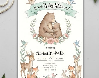 Woodland Baby Shower Invitation Template, Editable Canva Invite (Digital Download)