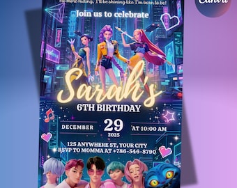 KPOP Demon Hunters Birthday invitation, K-pop Warrior Birthday Invitation, Anime Invitation, Editable Canva Template ( Instant Download )