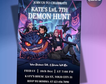Editable Kpop Demon Hunters Birthday Invitation, Kpop Heroine Birhtday Invitation, Demon Hunters Warrior Invitation, Girls Birthday Card