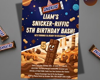 Snicker Birthday Invitation, Candy Bar Theme, Kids Birthday Invitation, Candy Invitation, Teen Birthday, Canva Template