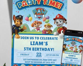 Editable Paw-ty Birthday Invitation Template | Kids Printable Party Invitation | Puppy Patrol Pup Crew Boys & Girls Birthday