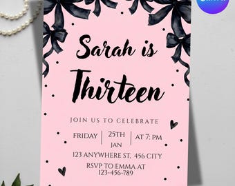 Black Bow Coquette Invitation Template, Teen Birthday Invitation, Elegant Bow Birthday Party, 13th Birthday Invitation, Digital Download