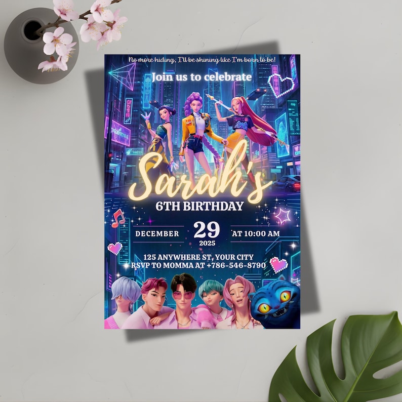 May include: A birthday invitation featuring a neon-lit cityscape and animated characters. The invitation reads "Sarah's 6th Birthday" with the date December 29, 2025, and RSVP details. The design includes the text "Join us to celebrate."