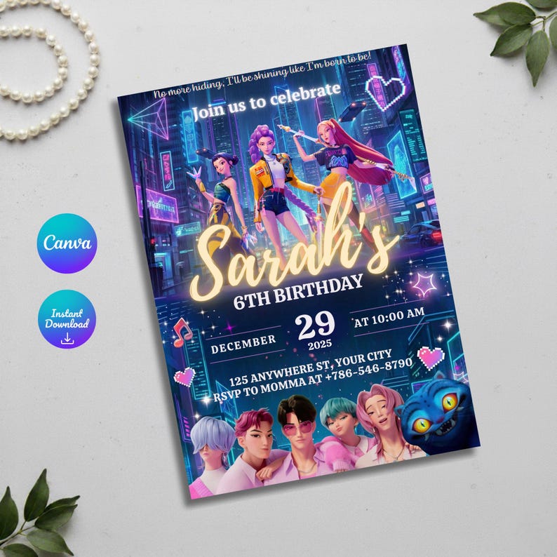 May include: A colourful birthday invitation with a futuristic design. The invitation displays the name "Sarah's" in large, illuminated letters, along with the date and time of the party. The background features animated characters and the text "Join us to celebrate."
