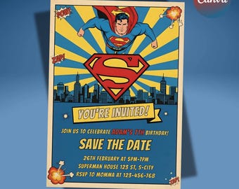 Editable Superman Invitation Template, Superhero Birthday Invitation, Comic Book Party Invitation, Hero Birthday Party, Kids Birthday Party