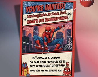 Editable Spider Man Birthday Invitation Template, Superhero Birthday Party Invite, Kids Birthday, Editable Canva Template, Printable